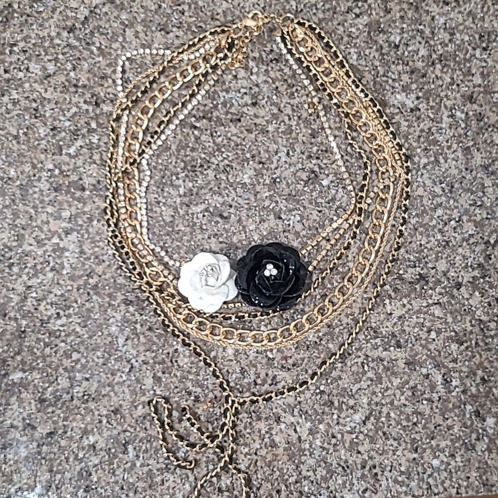 Textured Multi Strand Rhinestone Faux Leather Flower Necklace - Picture 7 of 9